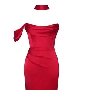 Ivona Red Halter Neck Double Duchess Satin Gown
